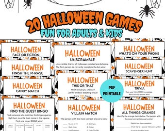 May include: A printable Halloween game set with 20 different games for adults and kids. The games include trivia, bingo, and unscramble. The design features orange pumpkins, black spiders, and a web.