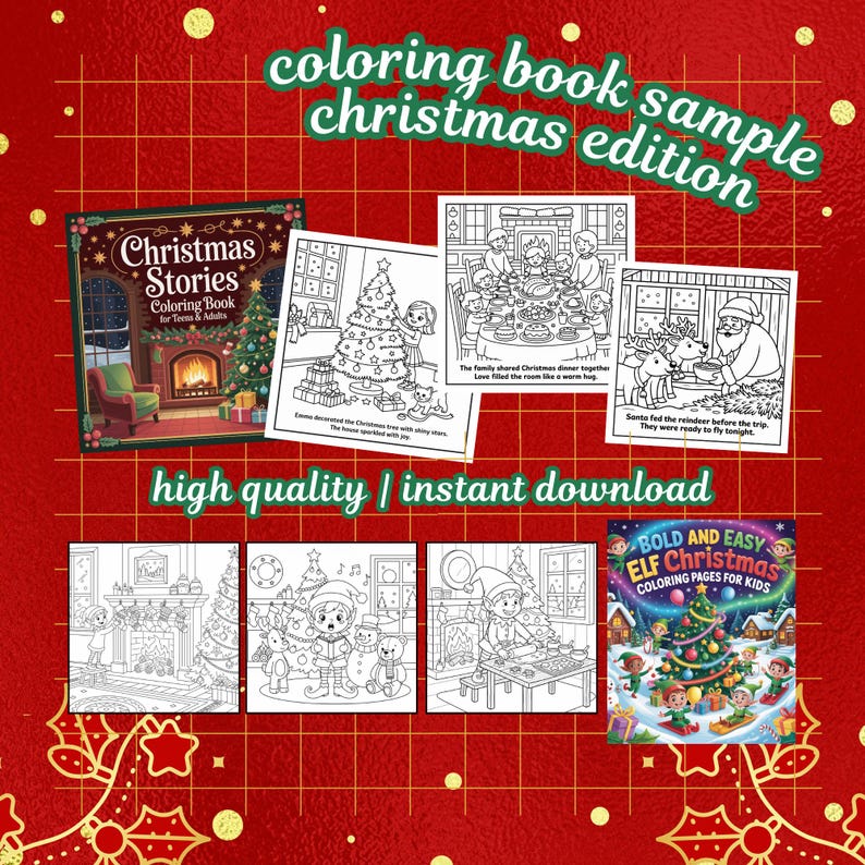 May include: A selection of Christmas-themed coloring books and sample pages. The image features a book titled "Christmas Stories Coloring Book for Teens & Adults" and a book titled "BOLD AND EASY ELF Christmas Coloring Pages for Kids". The text "coloring book sample christmas edition" is also visible.