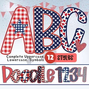 Preppy 4th of July Alphabet Bundle PNG, Red Blue Navy Doodle letters, Gingham patriotic Grandmillenial coquette, 12 Alpha Set with Clipart