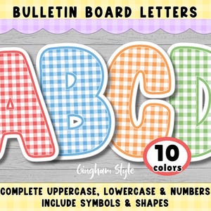May include: Bulletin board letters featuring the letters A, B, C, and D in a red, blue, orange, and green gingham pattern. The text reads BULLETIN BOARD LETTERS, 10 colors, Gingham Style, and COMPLETE UPPERCASE, LOWERCASE & NUMBERS INCLUDE SYMBOLS & SHAPES.