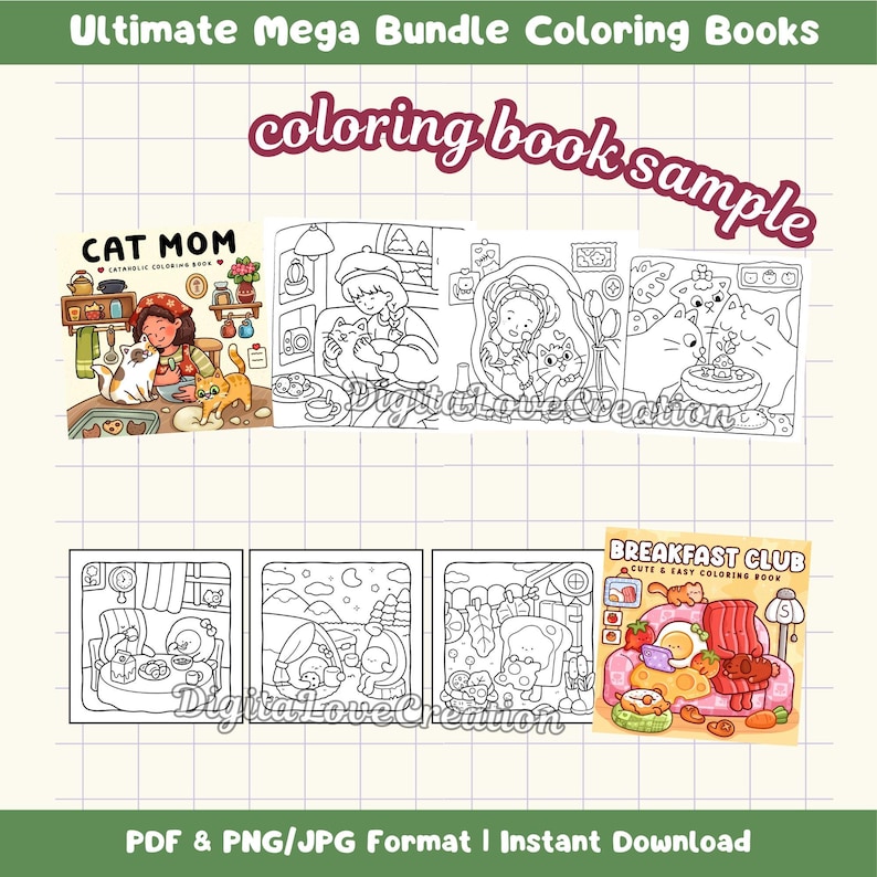 May include: A digital coloring book bundle featuring various line art illustrations. The collection includes covers titled Cat Mom and Breakfast Club, alongside black and white scenes of people and cats in domestic settings, all on a grid background.