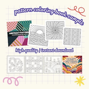 May include: A selection of colouring book samples showcasing abstract patterns. The image includes the text "pattern colouring book sample" and "high quality | instant download". The books feature designs like geometric shapes, floral arrangements, and sun and wave illustrations.