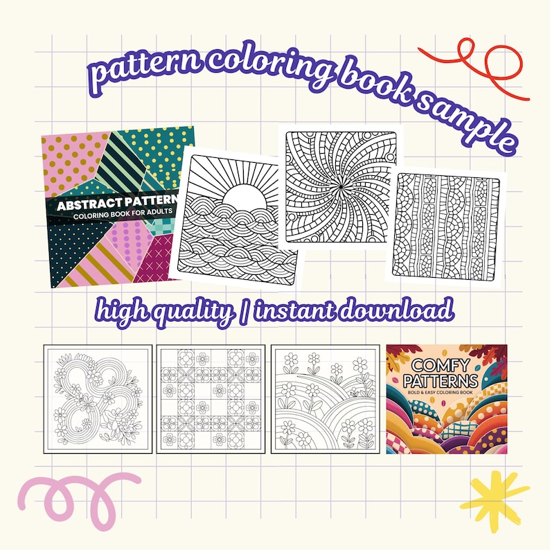 May include: A selection of colouring book samples showcasing abstract patterns. The image includes the text "pattern colouring book sample" and "high quality | instant download". The books feature designs like geometric shapes, floral arrangements, and sun and wave illustrations.