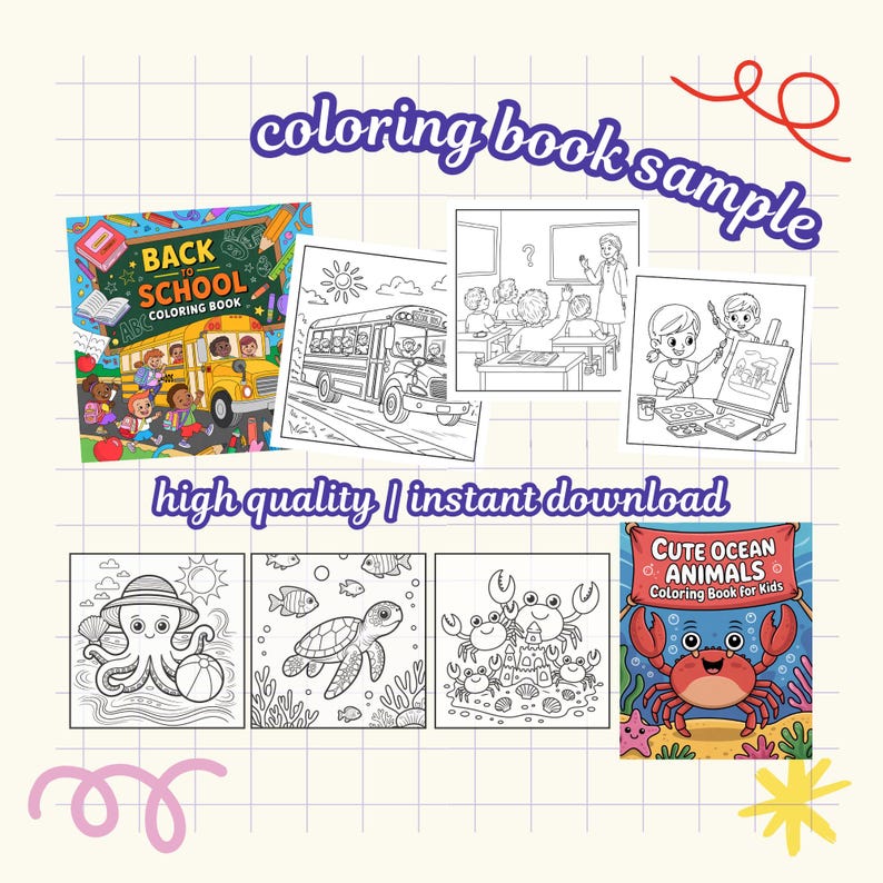 May include: A selection of colouring book pages and covers. The covers feature "Back to School" and "Cute Ocean Animals" themes. The sample pages depict school buses, classrooms, and marine life. Text includes "coloring book sample" and "high quality | instant download."