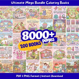 Puede incluir: Una colección digital de 200 libros para colorear titulada Ultimate Mega Bundle Coloring Books, que contiene más de 8000 páginas en formato PDF y PNG. La cuadrícula muestra varias portadas ilustradas con temas de animales y festividades.