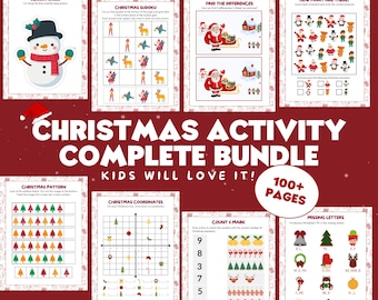 May include: A complete Christmas activity bundle for kids, featuring printable games and puzzles. The bundle includes scissor skills, Sudoku, find the differences, counting, pattern recognition, and coordinate activities. The cover displays the text "Christmas Activity Complete Bundle" and "Kids Will Love It!"