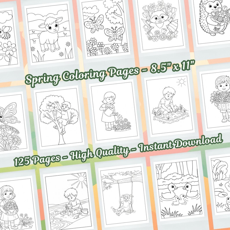 Pacote de Desenhos para Colorir da Primavera: Animais, Cenas Florais (Download Digital) imagem 2