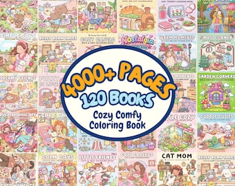 May include: A digital collection of 120 coloring books titled Ultimate Mega Bundle Coloring Books, featuring 4000+ pages in PDF and PNG format. The image displays a grid of various colorful illustrations depicting cozy scenes with characters, animals, and domestic settings.
