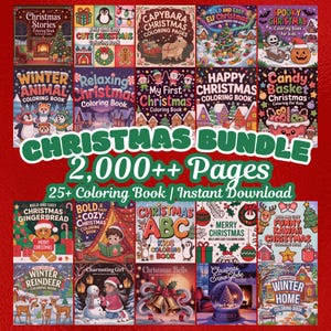 May include: A collection of Christmas-themed coloring books with titles like "Christmas Stories," "Winter Animal," and "Christmas ABC." The image features a variety of covers with festive illustrations, including penguins, gingerbread men, and snow globes. The text reads "Christmas Bundle 2,000++ Pages."