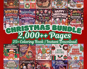 May include: A collection of Christmas-themed coloring books with titles like "Christmas Stories," "Winter Animal," and "Christmas ABC." The image features a variety of covers with festive illustrations, including penguins, gingerbread men, and snow globes. The text reads "Christmas Bundle 2,000++ Pages."