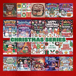 May include: A selection of Christmas-themed colouring books. Titles include "Christmas Stories," "Winter Animal," "Christmas Gingerbread," and "Winter Reindeer." The books feature festive illustrations of snow globes, gingerbread men, and capybaras. The books are designed for children and adults.