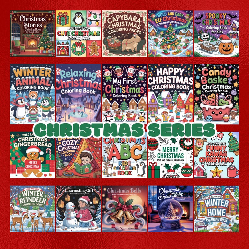 May include: A selection of Christmas-themed colouring books. Titles include "Christmas Stories," "Winter Animal," "Christmas Gingerbread," and "Winter Reindeer." The books feature festive illustrations of snow globes, gingerbread men, and capybaras. The books are designed for children and adults.