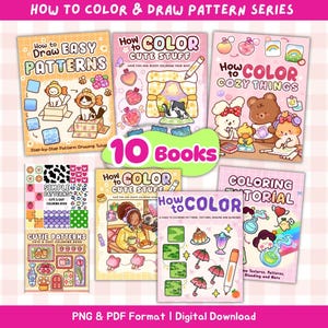 May include: A collection of 10 digital books titled How to Color & Draw Pattern Series, featuring illustrated covers with cartoon characters, patterns, and coloring tutorials. The books include titles like How to Draw Easy Patterns and How to Color Cute Stuff, presented in a grid layout with a pink and white checkered background.