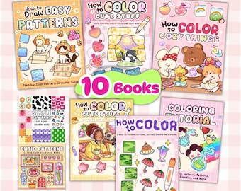 May include: A collection of 10 digital books titled How to Color & Draw Pattern Series, featuring illustrated covers with cartoon characters, patterns, and coloring tutorials. The books include titles like How to Draw Easy Patterns and How to Color Cute Stuff, presented in a grid layout with a pink and white checkered background.