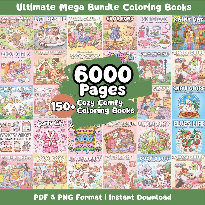 May include: A digital collection of 150+ coloring books featuring 6000 pages in PDF and PNG format. The grid displays various illustrated covers with themes like cozy girl, cat bestie, rainy day, and snow globe, all in a soft, pastel-toned art style.