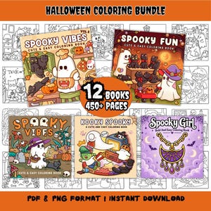 May include: A digital Halloween coloring bundle featuring 12 books and 450+ pages in PDF and PNG format. The collection includes covers titled Spooky Vibes, Spooky Fun, Kooky Spooky, and Spooky Girl, showcasing illustrations of ghosts, cats, and pumpkins.