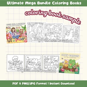 May include: A digital coloring book bundle featuring multiple pages with line art illustrations of characters, animals, and garden scenes. The collection includes covers titled Cozy Girl & Friends and Cozy Garden, with various black and white scenes.
