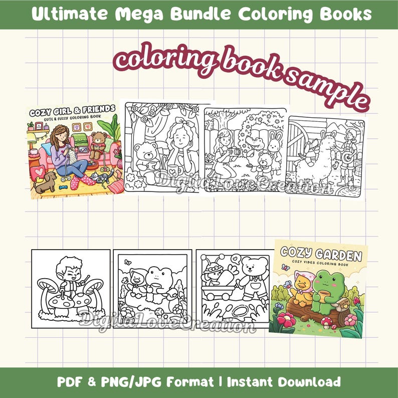 May include: A digital coloring book bundle featuring multiple pages with line art illustrations of characters, animals, and garden scenes. The collection includes covers titled Cozy Girl & Friends and Cozy Garden, with various black and white scenes.