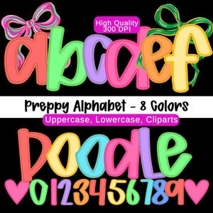 Peut inclure: Un ensemble graphique numérique présentant un alphabet coloré et les chiffres 0-9 dans une police arrondie de style bulle. Les lettres a-f et le mot Doodle sont affichés dans diverses couleurs vives, agrémentés de nœuds roses et verts.