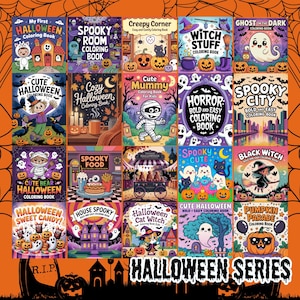 May include: A selection of Halloween colouring books, including titles such as "Spooky Room" and "Cute Halloween." The covers display illustrations of ghosts, pumpkins, witches, and other spooky characters. The words "Halloween Series" are at the bottom of the image.