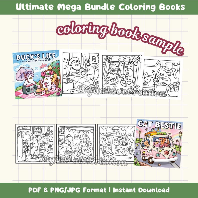 May include: A digital coloring book bundle featuring various line art illustrations. The collection includes pages titled Duck's Life and Cat Bestie, showcasing ducks in a picnic setting, kitchen scenes, and a cat driving a van. Text includes Ultimate Mega Bundle Coloring Books.
