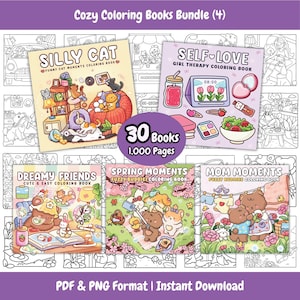 Könnte beinhalten: Ein digitales Malbuch-Paket mit fünf farbigen Umschlägen mit den Titeln Silly Cat, Self-Love, Dreamy Friends, Spring Moments und Mom Moments. Ein zentraler violetter Kreis zeigt den Text 30 Books 1,000 Pages. Der Hintergrund zeigt schwarz-weiße Strichzeichnungen.