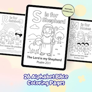 May include: Digital coloring pages featuring Bible-themed illustrations. The image shows three tablets displaying black and white line drawings. One page says "S is for Shepherd" with a shepherd and sheep. The text "26 Alphabet Bible Coloring Pages" is also visible.