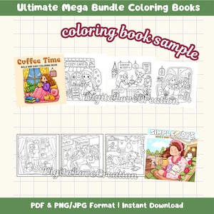 May include: A digital coloring book bundle featuring various black and white line art illustrations of cozy cafe scenes, indoor settings, and characters. The collection includes colored cover art for Coffee Time and Simple Joys coloring books.