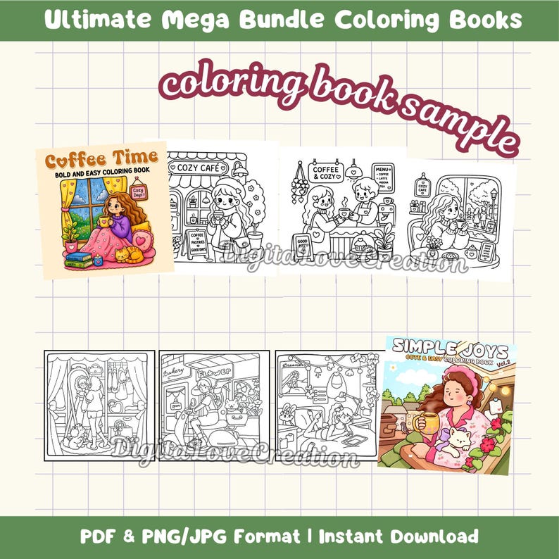 May include: A digital coloring book bundle featuring various black and white line art illustrations of cozy cafe scenes, indoor settings, and characters. The collection includes colored cover art for Coffee Time and Simple Joys coloring books.
