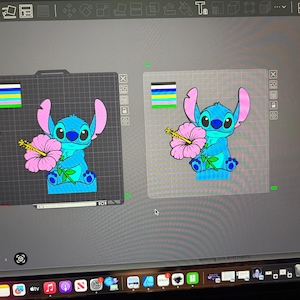 May include: A digital rendering of the character Stitch holding a pink hibiscus flower. The character is blue with pink ears and a large head. The image is displayed on a computer screen, with a grid background.