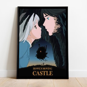 Puede incluir: Impresi&oacute;n art&iacute;stica enmarcada que representa una escena de "El castillo ambulante". La obra muestra a dos personajes enfrentados, sobre un fondo oscuro y estilizado. El t&iacute;tulo "Howl's Moving Castle" se muestra en letras doradas en la parte inferior.