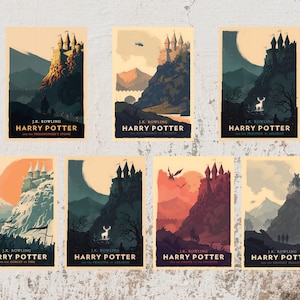 May include: A collection of seven book covers featuring illustrations of a castle on a mountain, with text that reads "HARRY POTTER" and the author's name. The color palette includes shades of blue, orange, and brown.