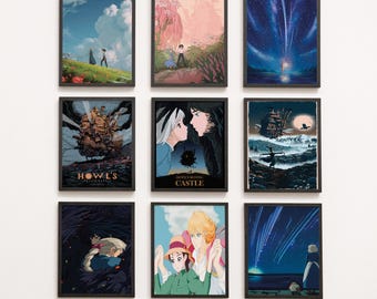 Set van 9 afdrukbare pdf-poster Howl's Moving Castle, Howl and Sophie Wall Art, Studio Ghibli-poster, op Ghibli geïnspireerde muurdecoratie, Japanse kunst