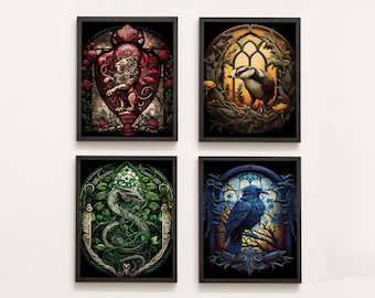Conjunto de 4 PDF imprimibles de la Academia de Magos, póster de viaje para magos, decoración para fiestas de magos, láminas de la escuela de magia, decoración del hogar para magos