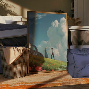 Puede incluir: Escena de dormitorio con una cama con ropa de cama azul, una pintura de paisaje enmarcada, una cesta de mimbre y dos cojines azules. La pintura representa dos figuras en una colina herbosa bajo un cielo nublado.