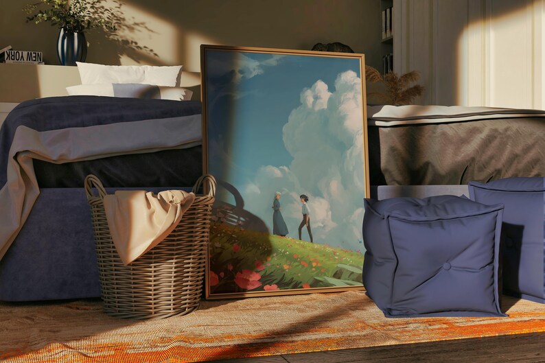 Puede incluir: Escena de dormitorio con una cama con ropa de cama azul, una pintura de paisaje enmarcada, una cesta de mimbre y dos cojines azules. La pintura representa dos figuras en una colina herbosa bajo un cielo nublado.