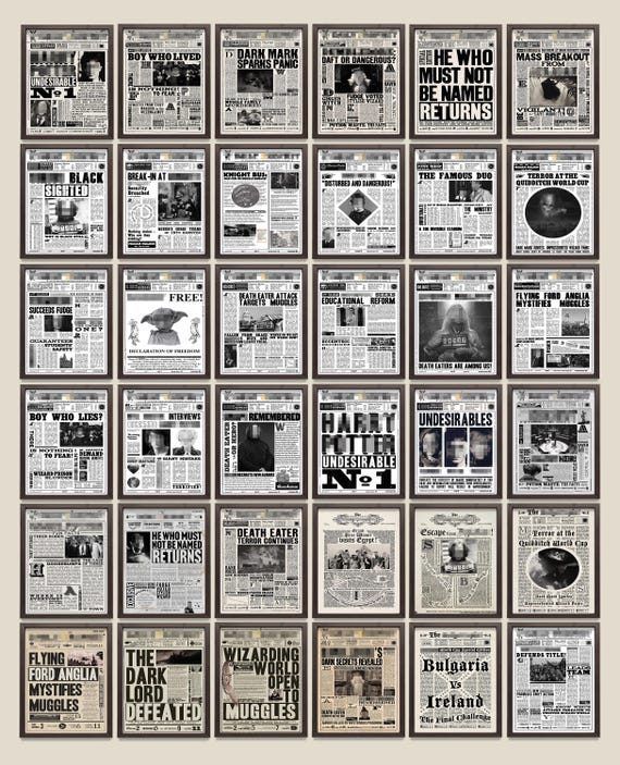 Set of 36 Wizard and Witch Daily Newspaper Pages Printable PDF, Wizard Party Decor, Wizard Home Decor, Fantasy Fan Wall Art, Travel Poster