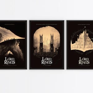 May include: Three framed posters featuring artwork from the Lord of the Rings series. The posters have a black background with illustrations of Gandalf, the towers of Barad-dûr, and Minas Tirith. The text "Lord Rings" is at the bottom of each poster.