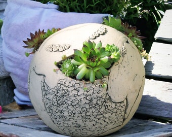 Large White Pottery Handmade Planter Pot, Natural Clay Planter, Outdoor Round Ball Shaped Planter for Succulents, Special Wedding Gift