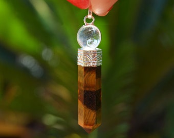 Tiger Eye Point Pendant with Crystal Quartz Ball - Faceted Necklace - Energy Generator