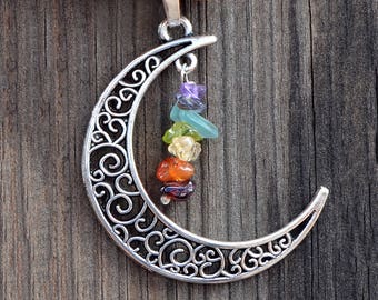 Chakra Silver Moon Pendant - Crescent Moon Pendant with Seven Chakra Stoness