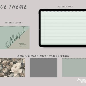 May include: A digital notepad set featuring a sage green cover with the text Notepad and Framers & Planners, a lined notepad page on a tablet screen, and additional cover options including a floral pattern, solid gray, and solid sage green.