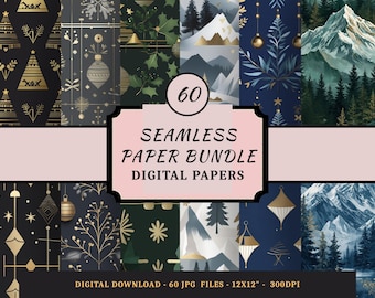 May include: A digital paper bundle featuring 60 seamless designs with Christmas and winter themes. The patterns include gold and white ornaments, trees, and mountain landscapes on dark backgrounds. Each paper is 12x12 inches.