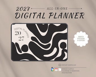 May include: A 2027 all-in-one digital planner displayed on a tablet screen with a black and cream abstract wavy pattern. The text reads 2027 DIGITAL PLANNER, BONUS STICKERS & COVERS, INSTANT DOWNLOAD, and GOOGLE & APPLE CALENDAR & REMINDER INGETRATION.