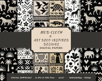 May include: Digital paper pack featuring Art Deco-inspired designs in black and beige. The patterns include animal silhouettes, geometric shapes, and botanical elements. The text reads "MUD CLOTH & ART DECO INSPIRED DESIGNS DIGITAL PAPERS".