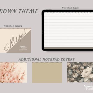 May include: A digital notepad set featuring a lined notepad page on a tablet, a brown theme cover with the text Notepad and Frames & Planners, and three additional covers including a floral design, a solid tan cover, and a dark floral pattern.