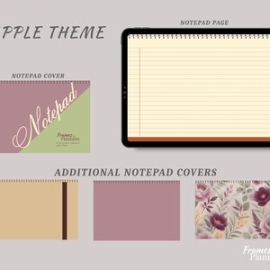 May include: A digital notepad set featuring an Apple Theme with a lined page on a tablet, a mauve and green cover with the text Notepad and Frames & Planners, and three additional covers including solid tan, solid mauve, and a floral pattern.