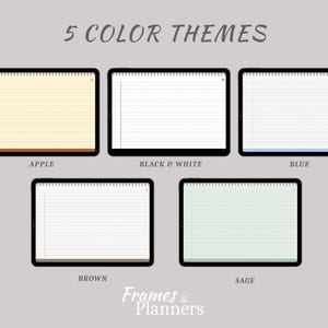 May include: Five digital tablet screens displaying lined notebook pages in different color themes labeled Apple, Black & White, Blue, Brown, and Sage. The text 5 COLOR THEMES and Frames & Planners is visible on the light gray background.