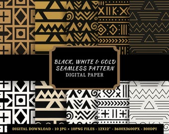 May include: A digital paper set featuring various geometric patterns in black, white, and gold. The designs include triangles, lines, and other shapes. The text on the image reads "BLACK, WHITE & GOLD SEAMLESS PATTERN DIGITAL PAPER".