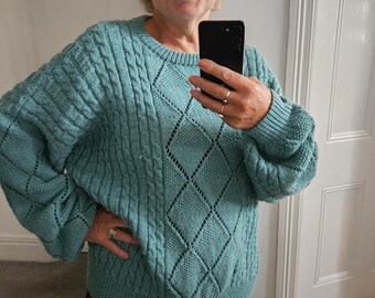 Seafoam handknit cotton cabled geometric sweater XXL unisex